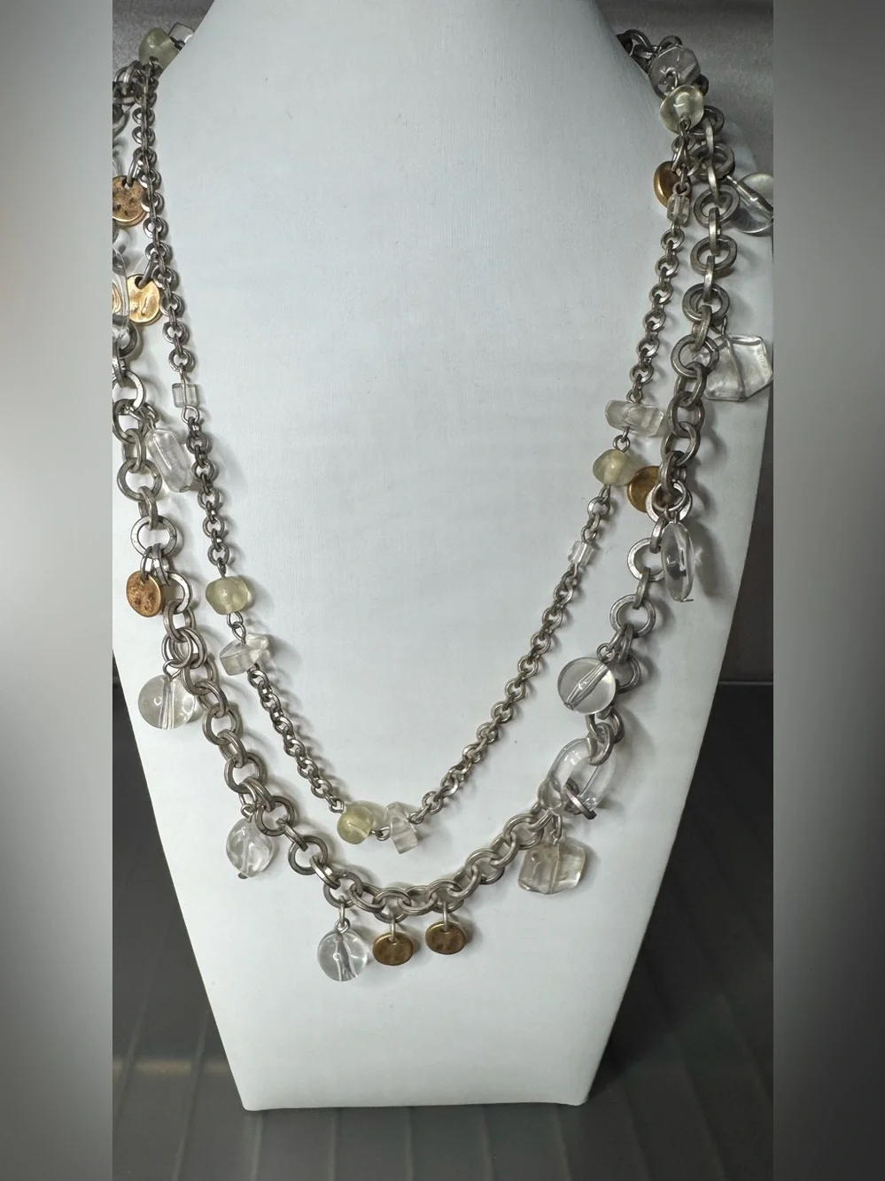 Multi-Strand Silver-Tone Necklace with Clear and Pale Gold Beads